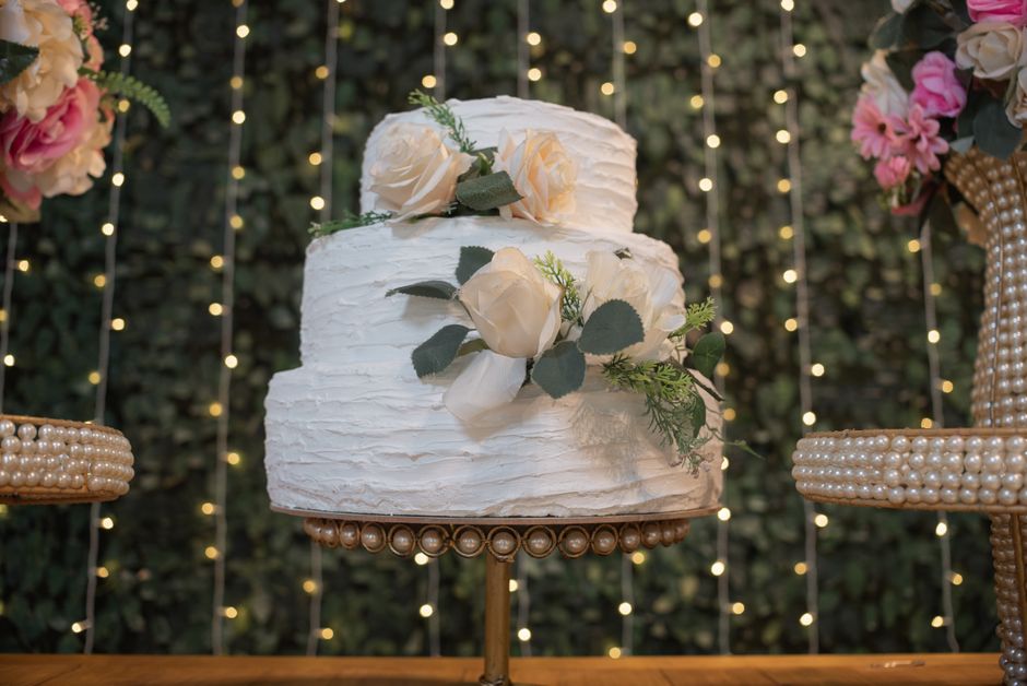 Beautifully decorated wedding cake for event catering